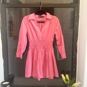 Ruched waist pink mini dress with collar